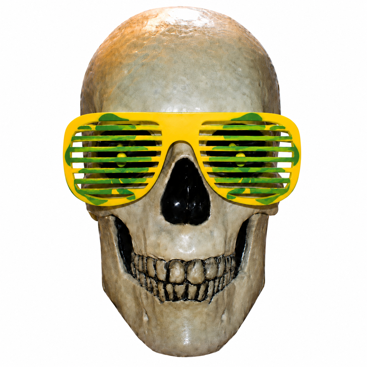 Green and yellow shamrock shutter glasses centered on a 12 Foot Skeleton head