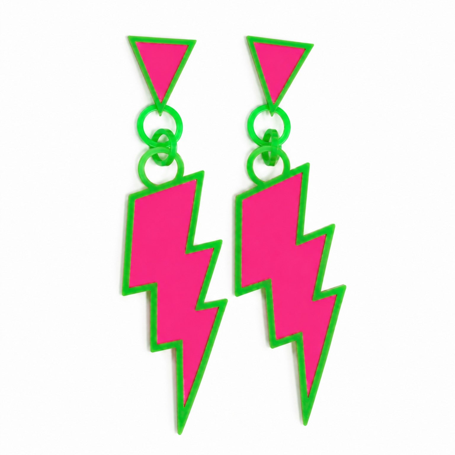Retro lightning bolt earrings for 12 Foot Skelly in a bright pink and green color mix