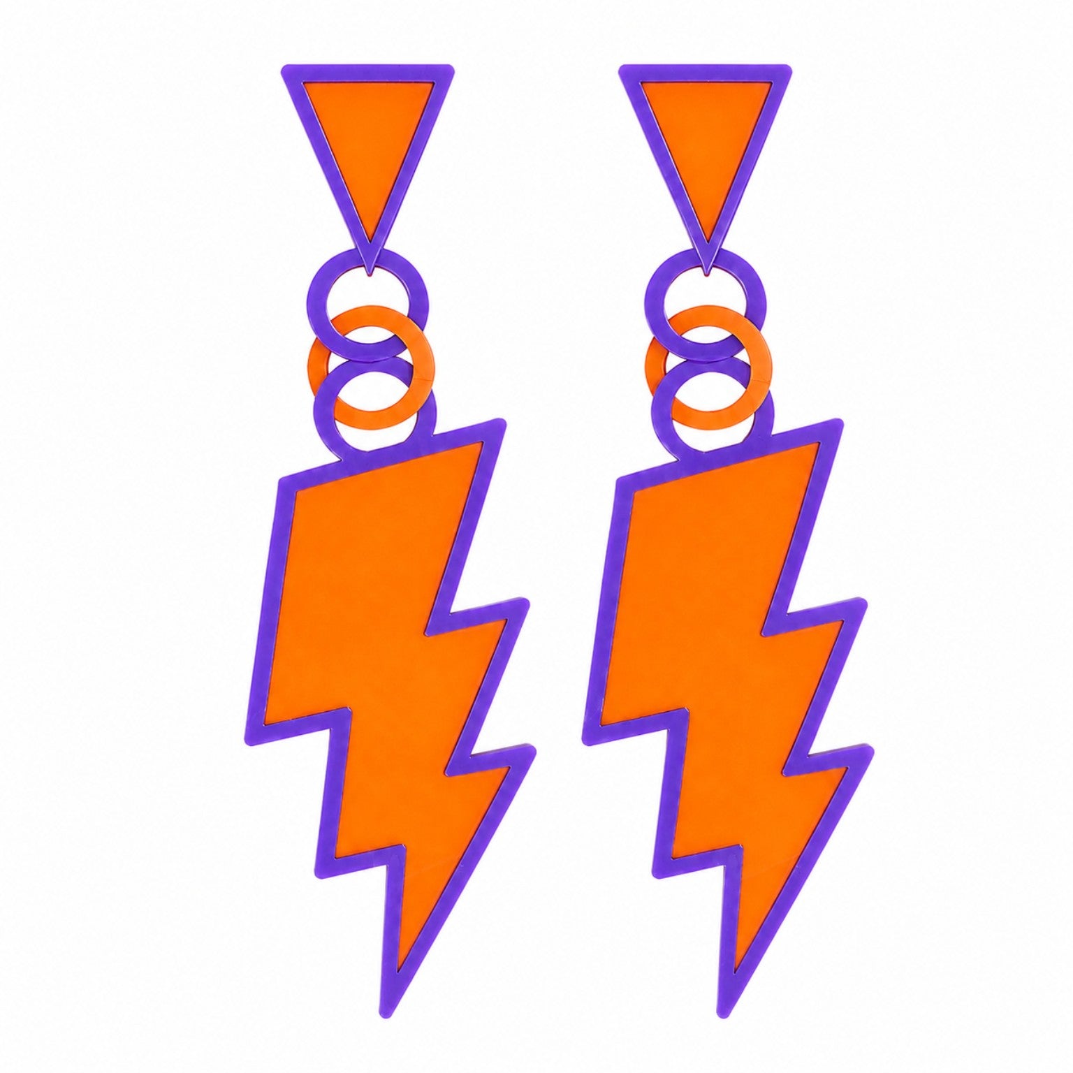 Retro lightning bolt earrings for 12 Foot Skelly in an orange and purple color mix