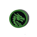 Green and black dragon face Halloween token on pure white background