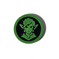 Green and black elf man Halloween token on pure white background