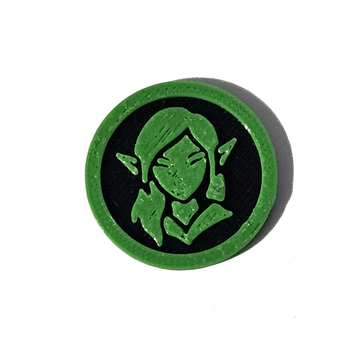 Green and black elf woman Halloween token on pure white background