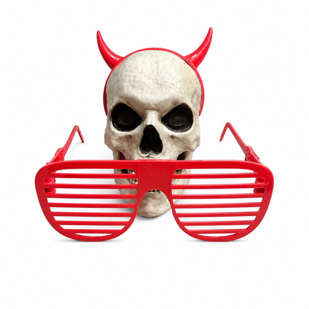 Front view of oversized Groundbreaker Skeleton shutter glasses with a 12 Foot Skeleton head for scale