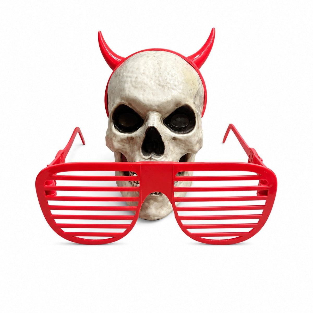 Front view of oversized Groundbreaker Skeleton shutter glasses with a 12 Foot Skeleton head for scale