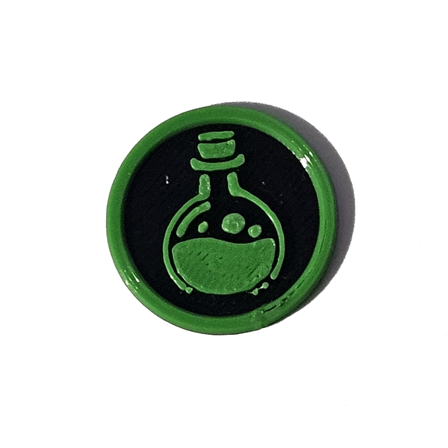 Green and black potion bottle Halloween token on pure white background
