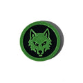 Green and black wolf face Halloween token on pure white background
