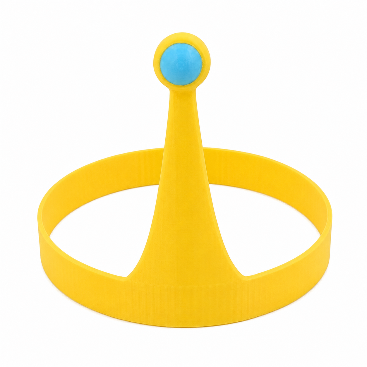 Yellow 3D printed costume crown with blue jewel on white background